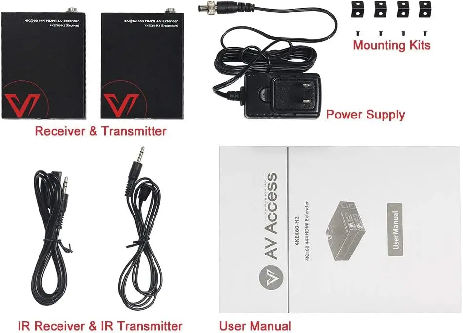 AV Access 4KEX60-H2 Economical 4K HDMI Extender up to 50m/164ft, HDMI Balun w/ 2-Way PoC & IR Control AV Access