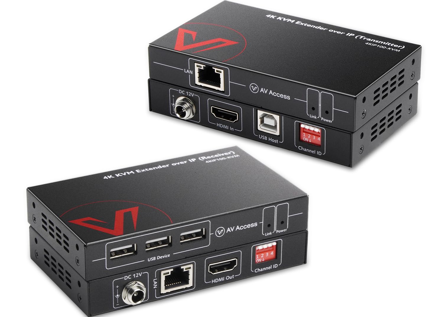 AV Access 4KIP100-KVM 4K HDMI KVM Extender over IP, Over Over Single Cat5e/6, 120m/390ft 3 Ports USB2.0 Extender w/ Zero Latency & 1080P@120Hz, up to 16 Sets with DIP Setting