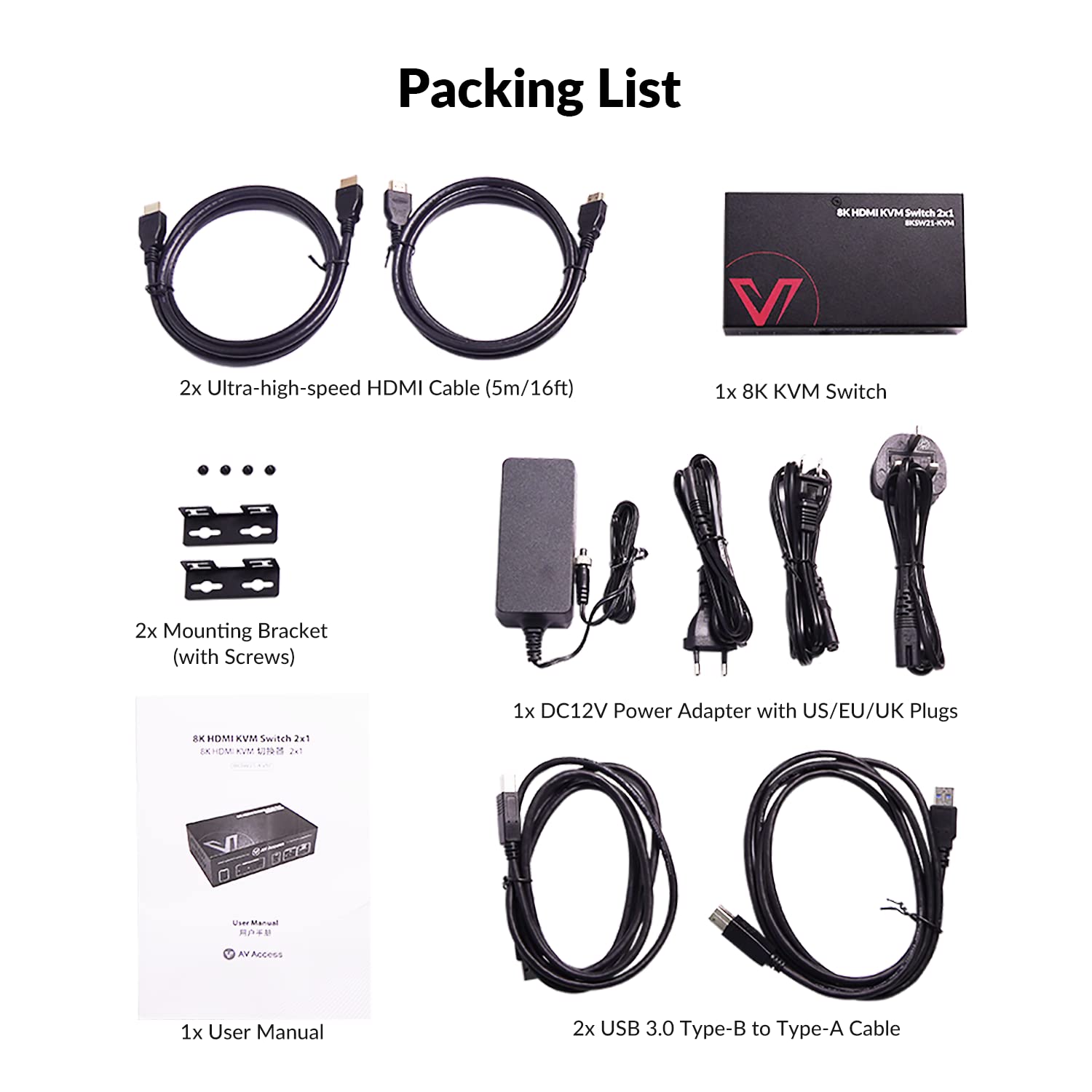 AV Access 8KSW21-KVM High-End 2×1 8K KVM Switch w/ HDMI 2.1 & USB 3.0 Hub, Supports 10K@120hz, 8K@120hz, 1080P@240hz & 2560×1440@144hz, Ideal for Gaming