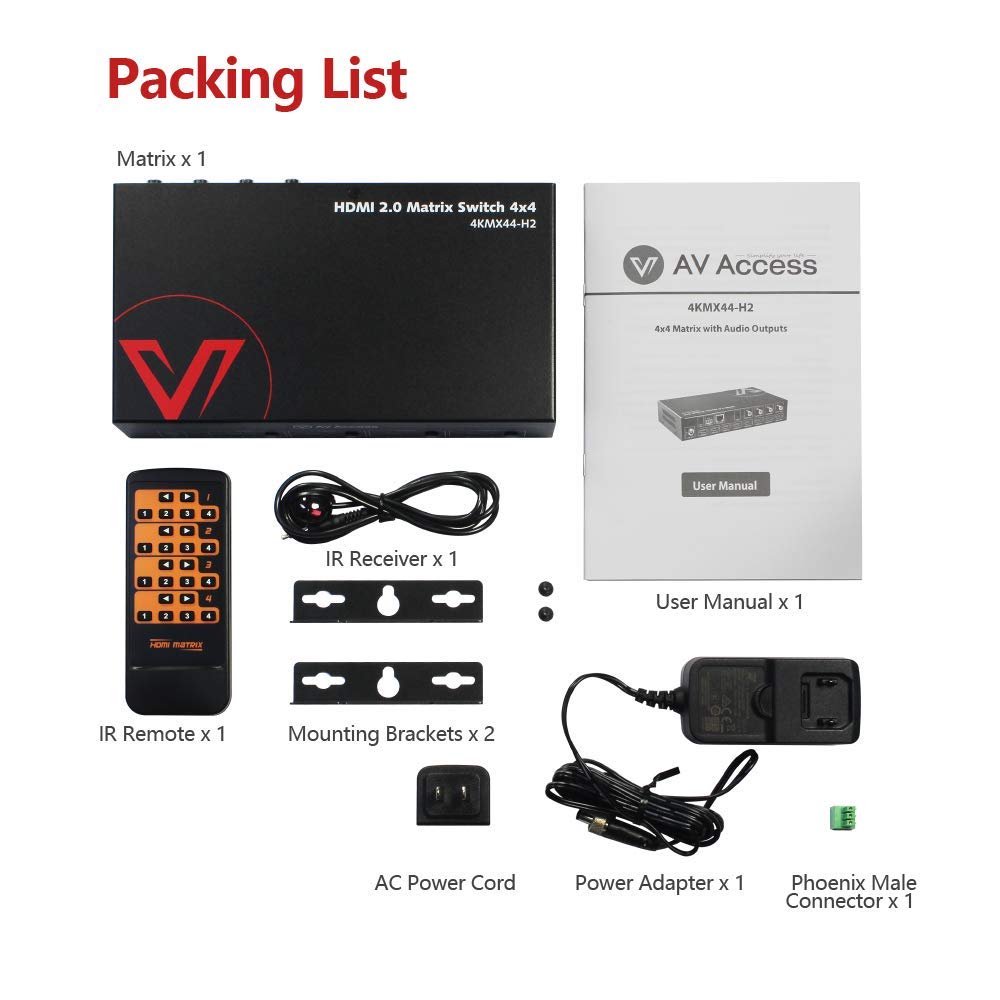 AV Access 4KMX44-H2, 4×4 4K HDMI Matrix Switch with Downscaler, Audio Extraction, IR Remote Control