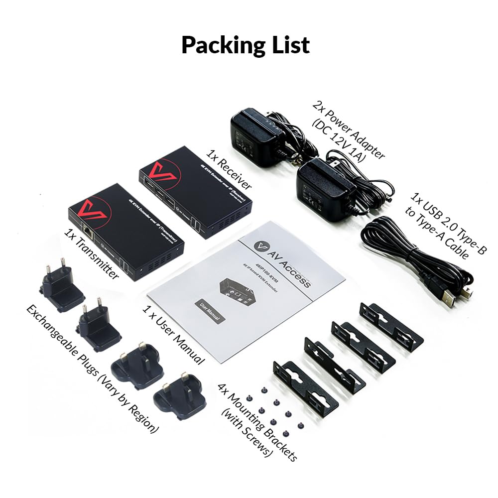 AV Access 4KIP100-KVM 4K HDMI KVM Extender over IP, Over Over Single Cat5e/6, 120m/390ft 3 Ports USB2.0 Extender w/ Zero Latency & 1080P@120Hz, up to 16 Sets with DIP Setting