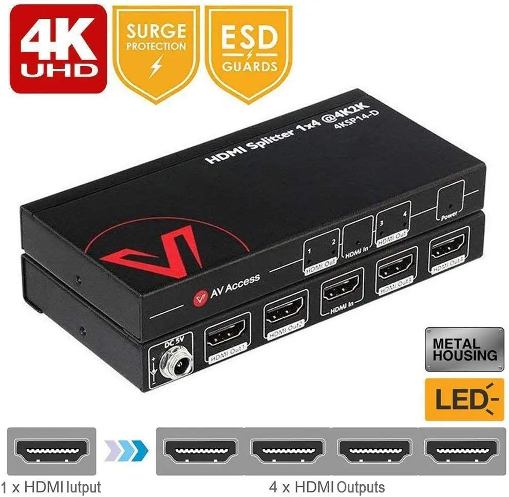 AV Access 4KSP14-D 4K HDMI Splitter 1 In 4 Out, 3D, Auto EDID, Highly Quality Threaded Power Supply AV Access
