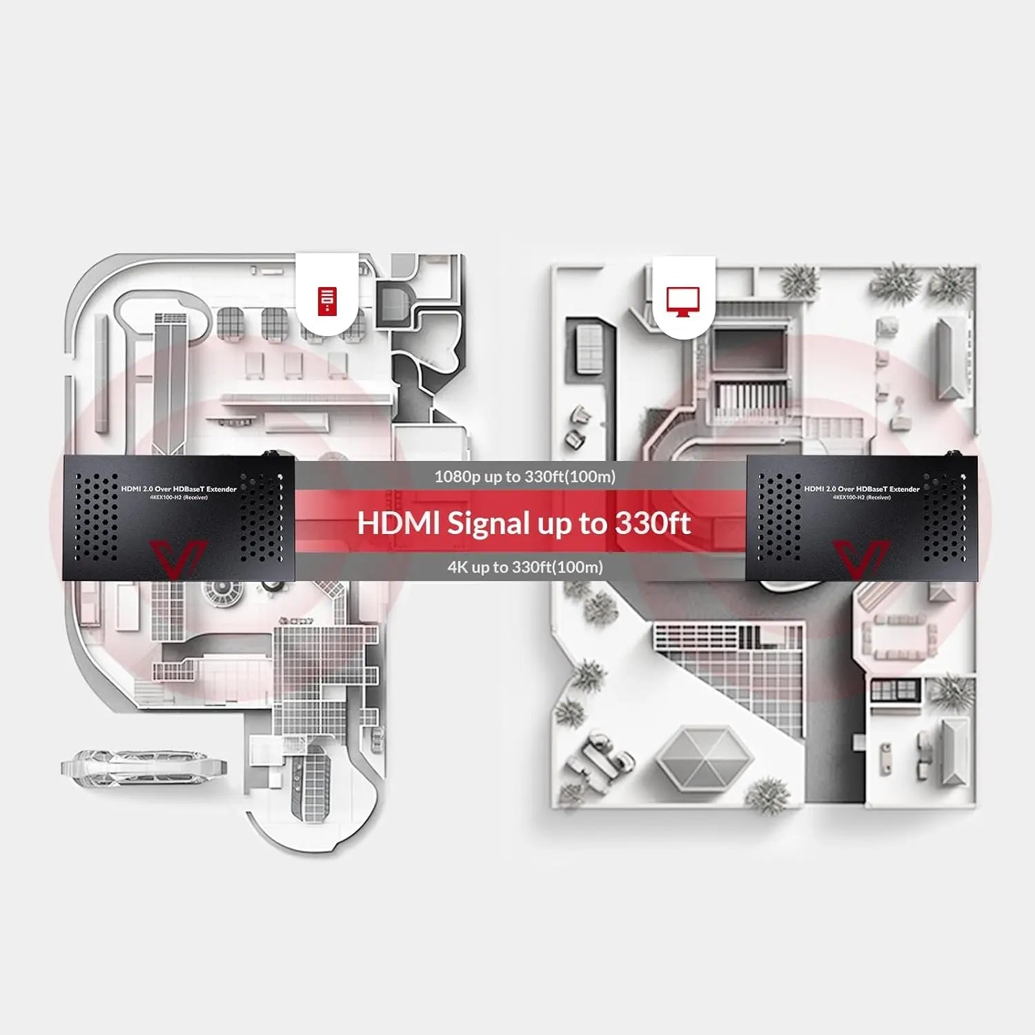 AV Access 4KEX100-H2 HDBaseT HDMI Extender Over Cat5e/6/6a/7 Ethernet up to 330ft/100m 4K@60Hz, Supports HDCP2.2, HDMI2.0, Bi-Directional IR and RS232 Pass-Through, Auto EDID, PoE, CEC, Dolby Vision TeckPot
