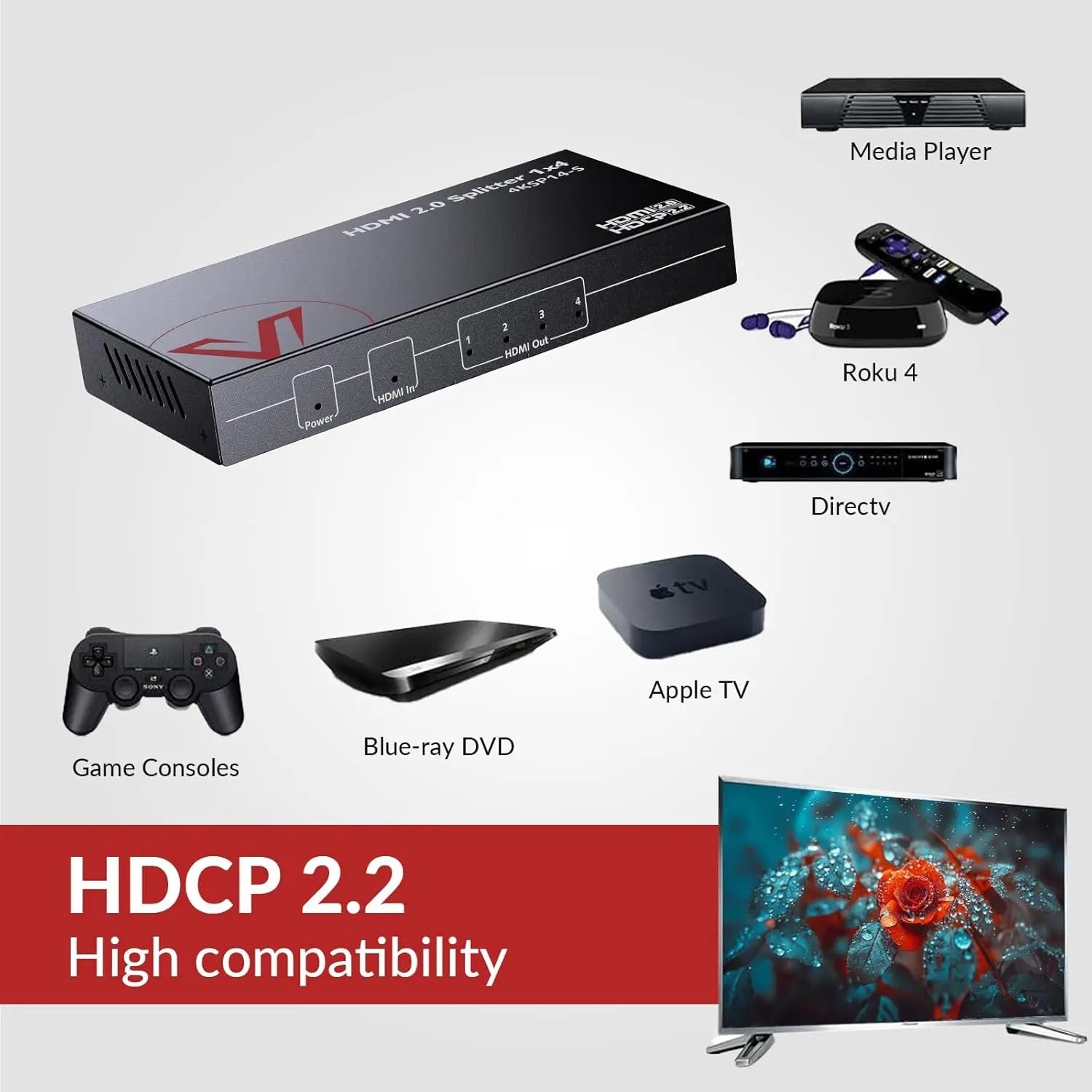 AV Access 4KSP14-S 4K HDMI 2.0 Splitter 1 in 4 Out w/ Auto Downscaler, 4K@60Hz, 1080P@120Hz, HDR 10 & HDCP 2.2,3D, 18Gbps Zero Latency, AV Access Gaming Splitter, Duplicate/Mirror Screens AV Access