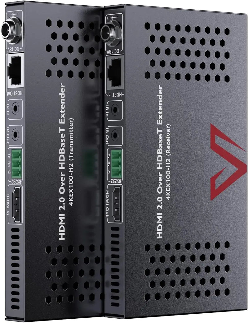AV Access 4KEX100-H2 HDBaseT HDMI Extender Over Cat5e/6/6a/7 Ethernet up to 330ft/100m 4K@60Hz, Supports HDCP2.2, HDMI2.0, Bi-Directional IR and RS232 Pass-Through, Auto EDID, PoE, CEC, Dolby Vision TeckPot