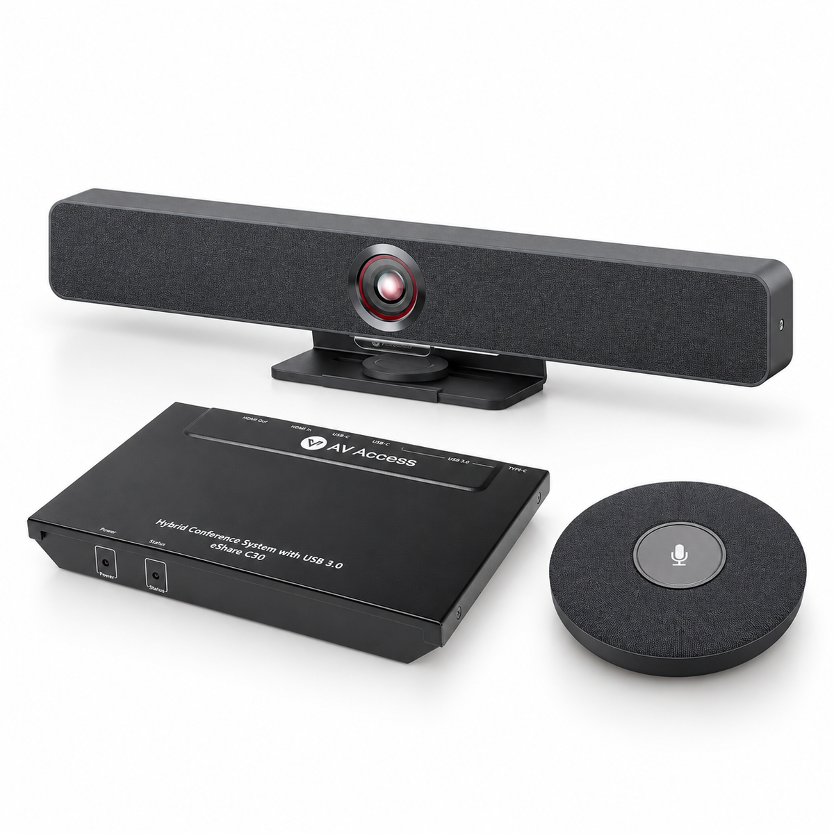 eShare C30 docking station, AnyCo V8 video bar and AnyCo M1 microphone — One-Cable Room Bundle