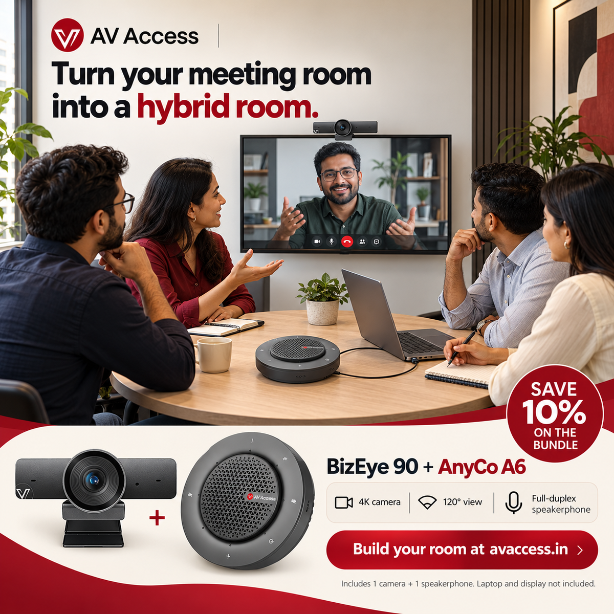 BizEye 90 and one AnyCo A6 in a huddle room; 10% bundle saving